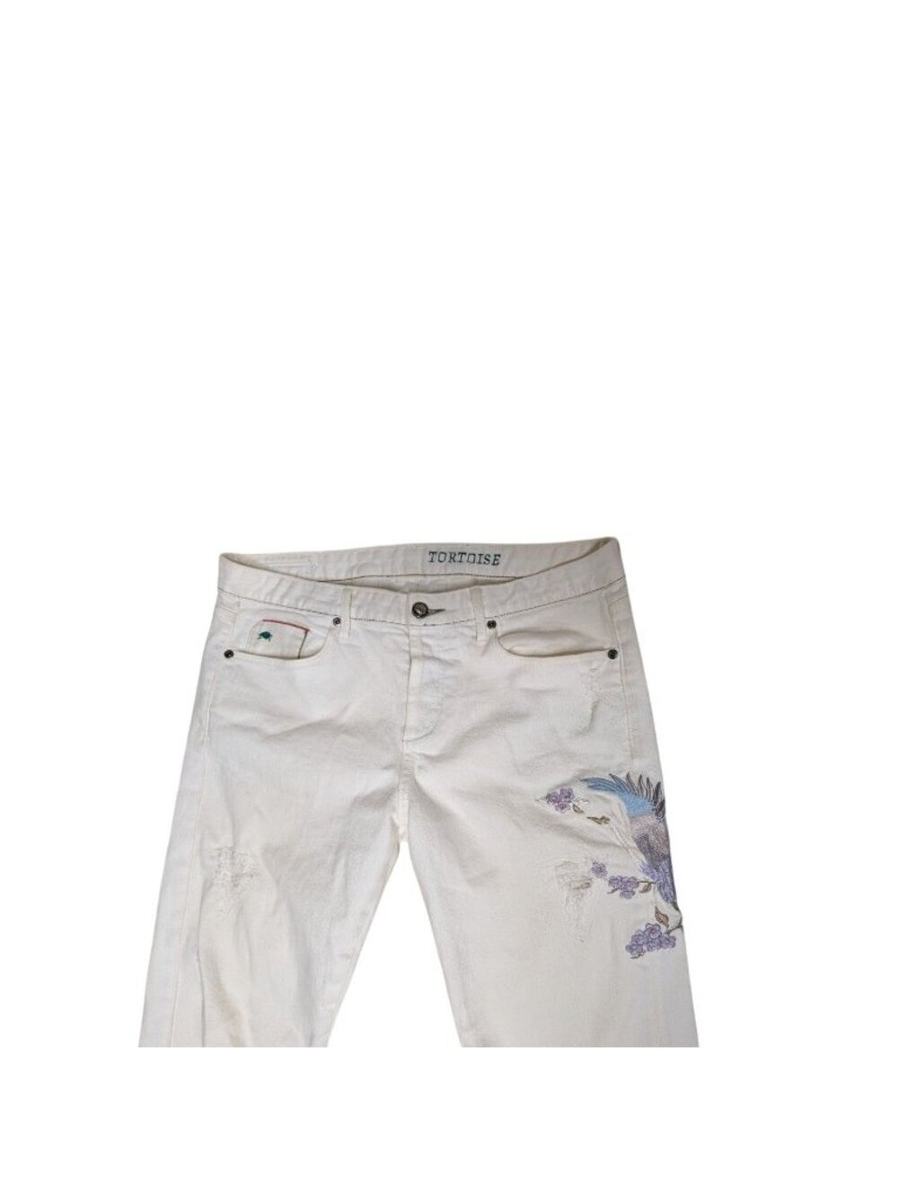 Tortoise White Selvedge Embroidered Bird Distressed Jeans Womens Y2K Grunge Butt - Picture 5 of 15